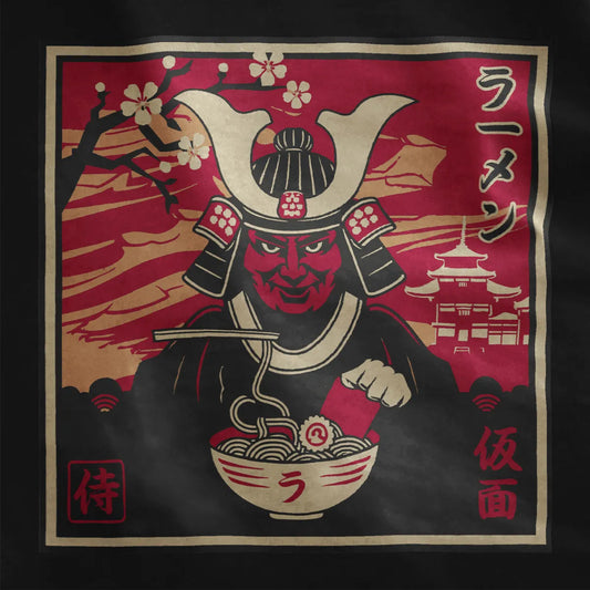 Samurai eating ramen, bold red background and cherry blossoms on black shirt, ramen t-shirt, samurai armor.