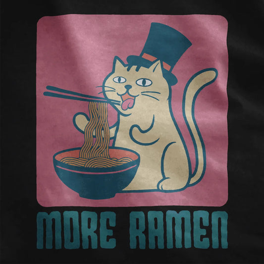 Cat eating ramen with chopsticks on black shirt, teal bowl, funny cat shirt, ramen t-shirt.
