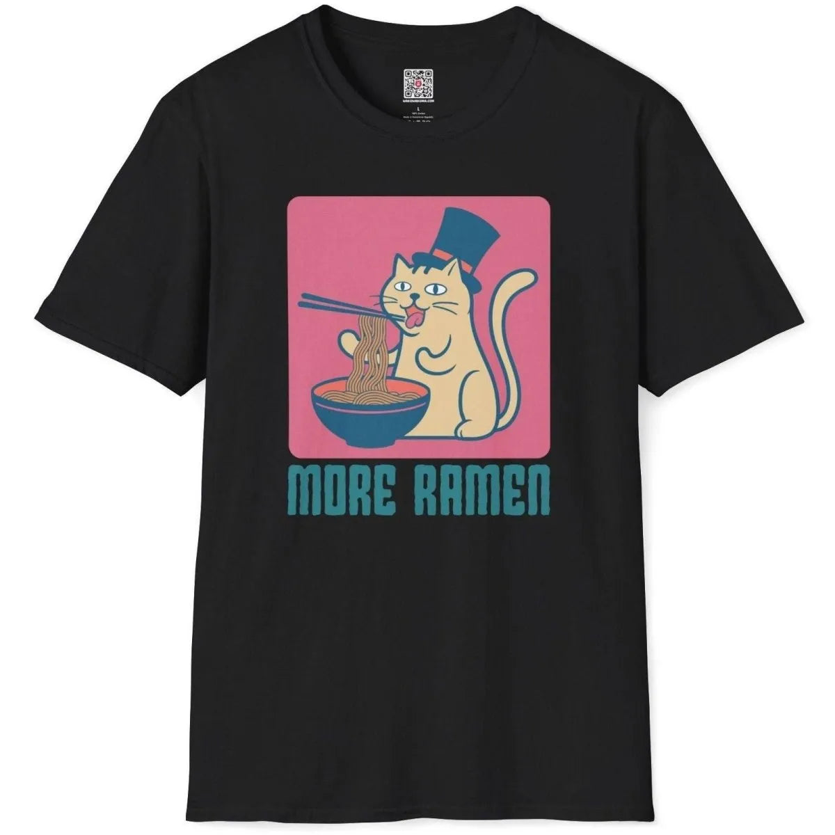Flatlay of black shirt with cat eating ramen, teal bowl, funny cat shirt, ramen t-shirt.