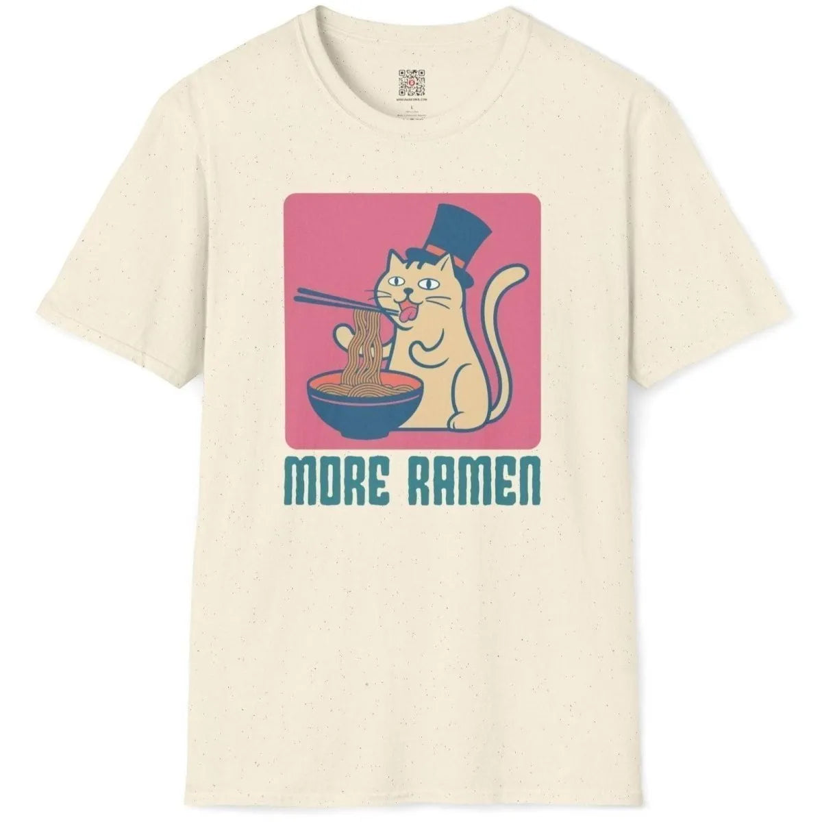 Natural shirt flatlay with cat eating ramen, teal bowl, funny cat shirt, ramen t-shirt.