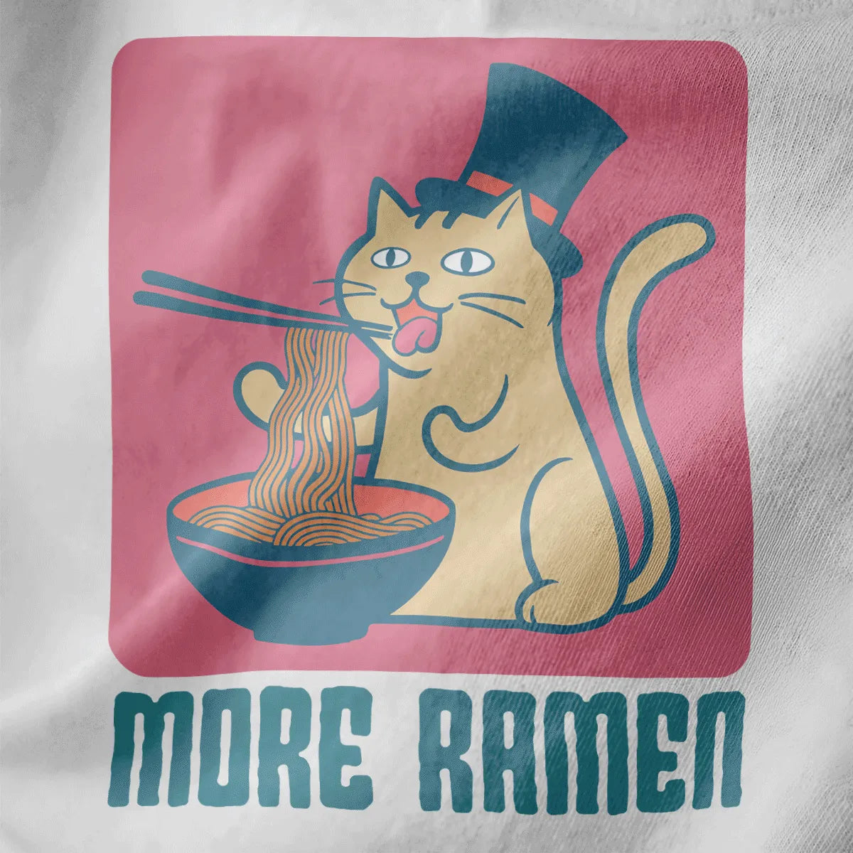 Cat in top hat eating ramen with chopsticks on white shirt, teal bowl, funny cat shirt, ramen t-shirt.