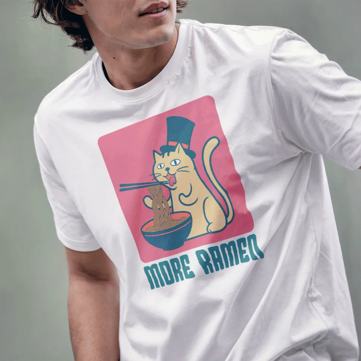 White shirt on male model with cat in top hat eating ramen, funny cat shirt, ramen t-shirt.