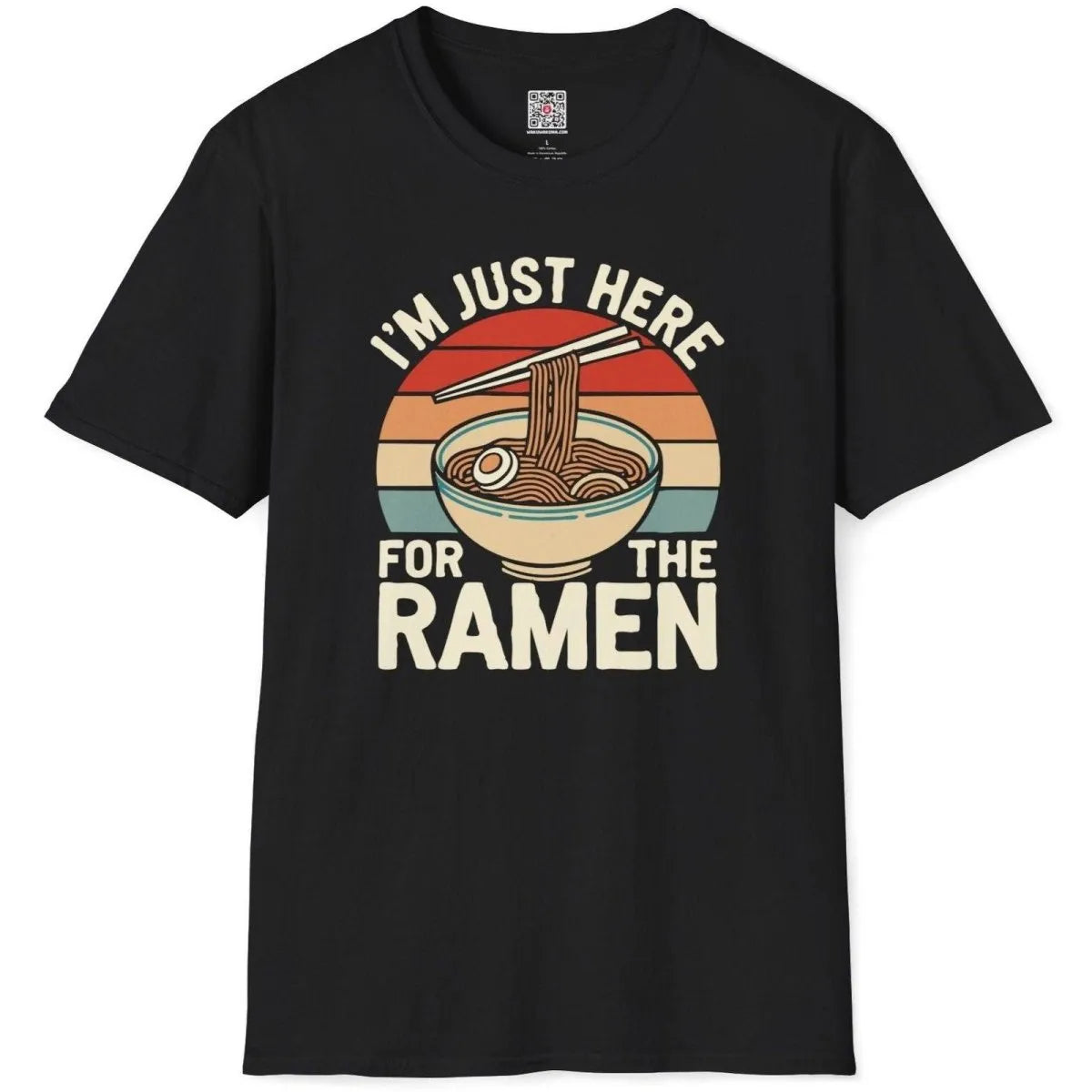 Black t-shirt flatlay with ramen bowl and bold playful phrase, ramen shirt, humorous quote.