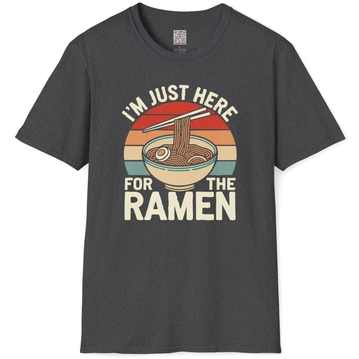 Dark heather t-shirt flatlay with ramen bowl, chopsticks, and playful phrase, ramen t shirt, cozy food.