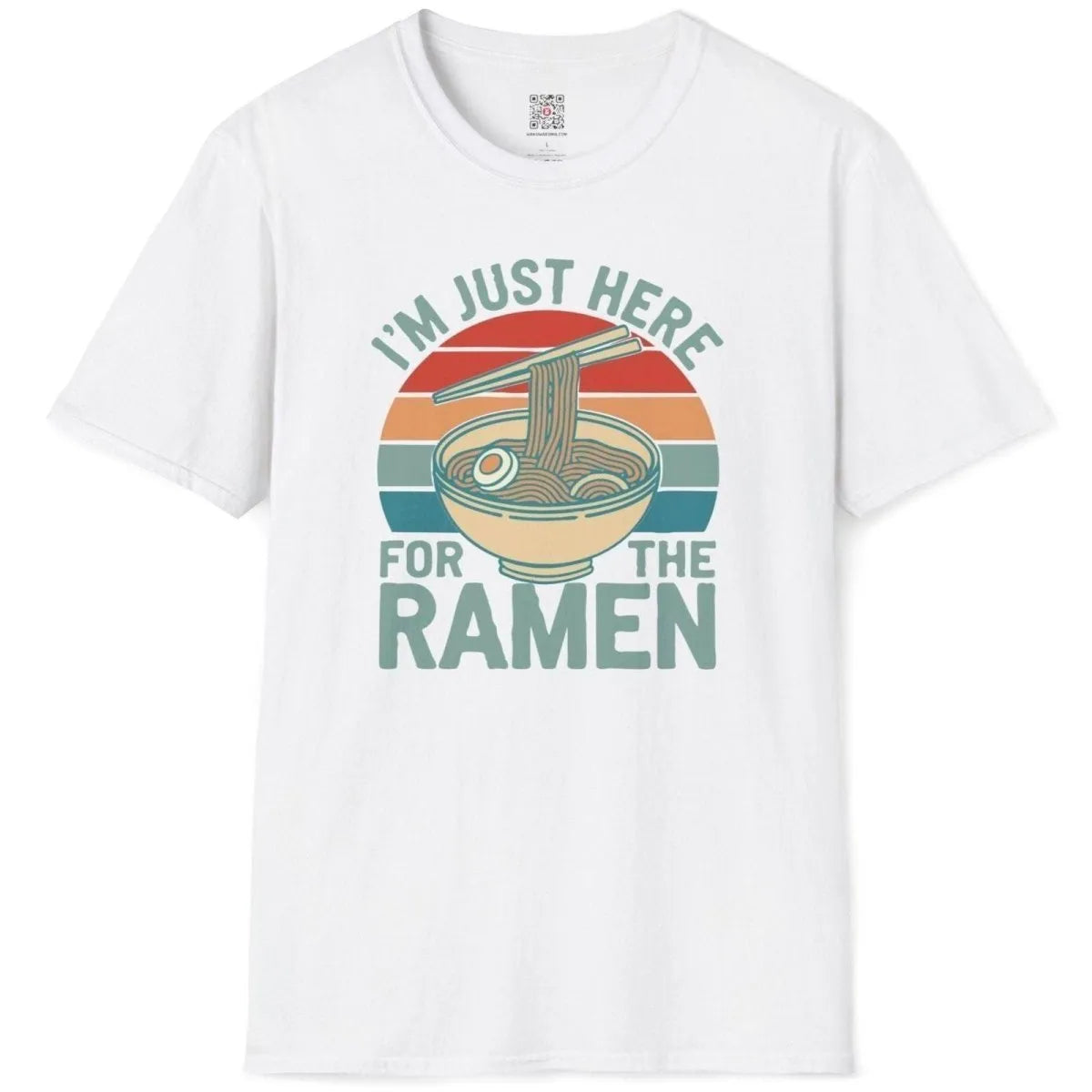 White t-shirt flatlay with steaming ramen bowl and retro text, ramen t-shirt, ramen joy.