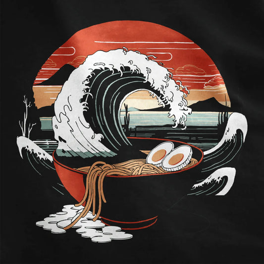 Black fabric close-up of ramen bowl in Hokusai wave with sunset, ramen shirt, japanese wave hokusai.