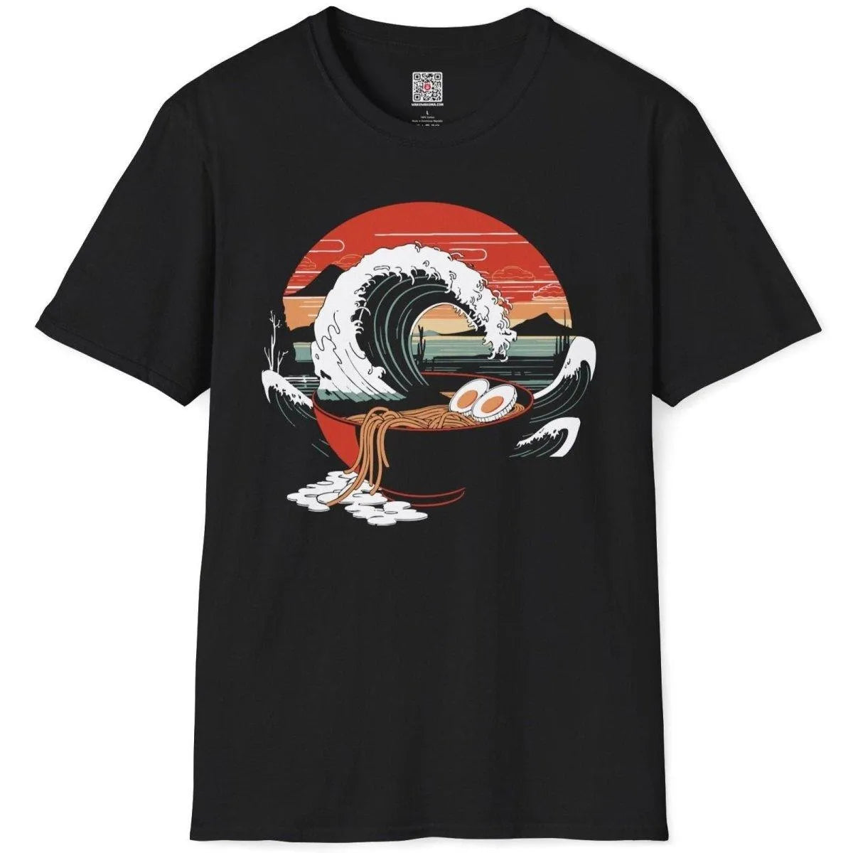 Black t-shirt flatlay with ramen bowl in wave and mountain sunset, ramen shirt, japanese wave artwork.