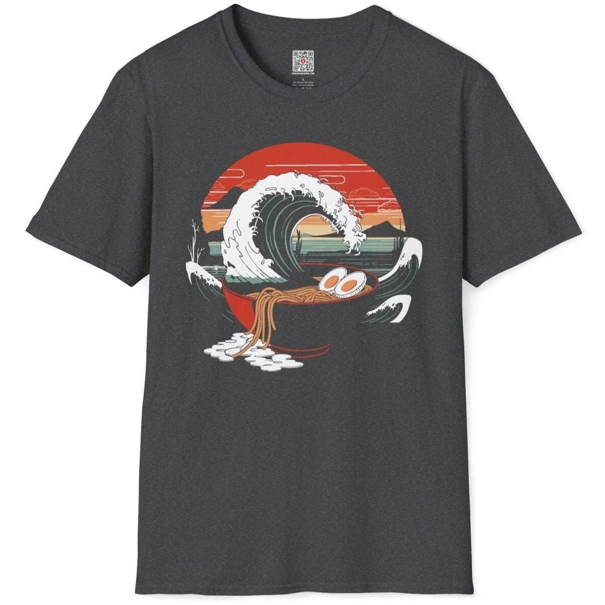 Dark heather t-shirt flatlay with ramen bowl in wave and sunset, ramen t shirt, wave patterns.