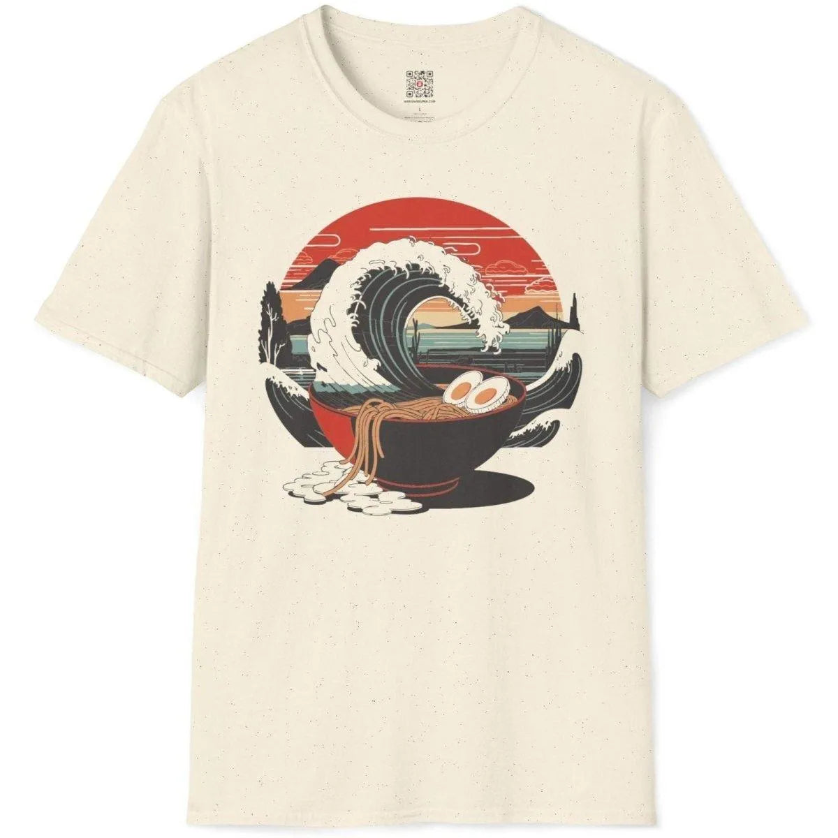 Natural t-shirt flatlay with ramen bowl, dramatic wave, and sunset, ramen t-shirt, cultural identity.