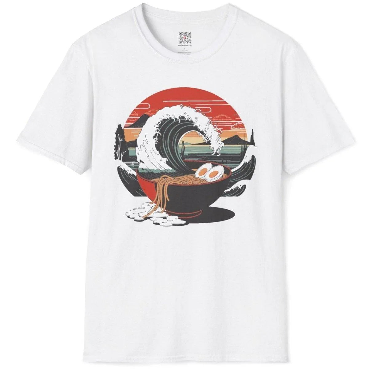 White t-shirt flatlay with ramen bowl, eggs, and iconic wave, ramen t-shirt, cultural symbolism.