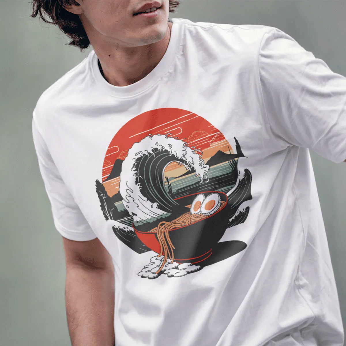 Male model in white t-shirt featuring ramen bowl, wave, and sunset, ramen t-shirt, mount fuji art.