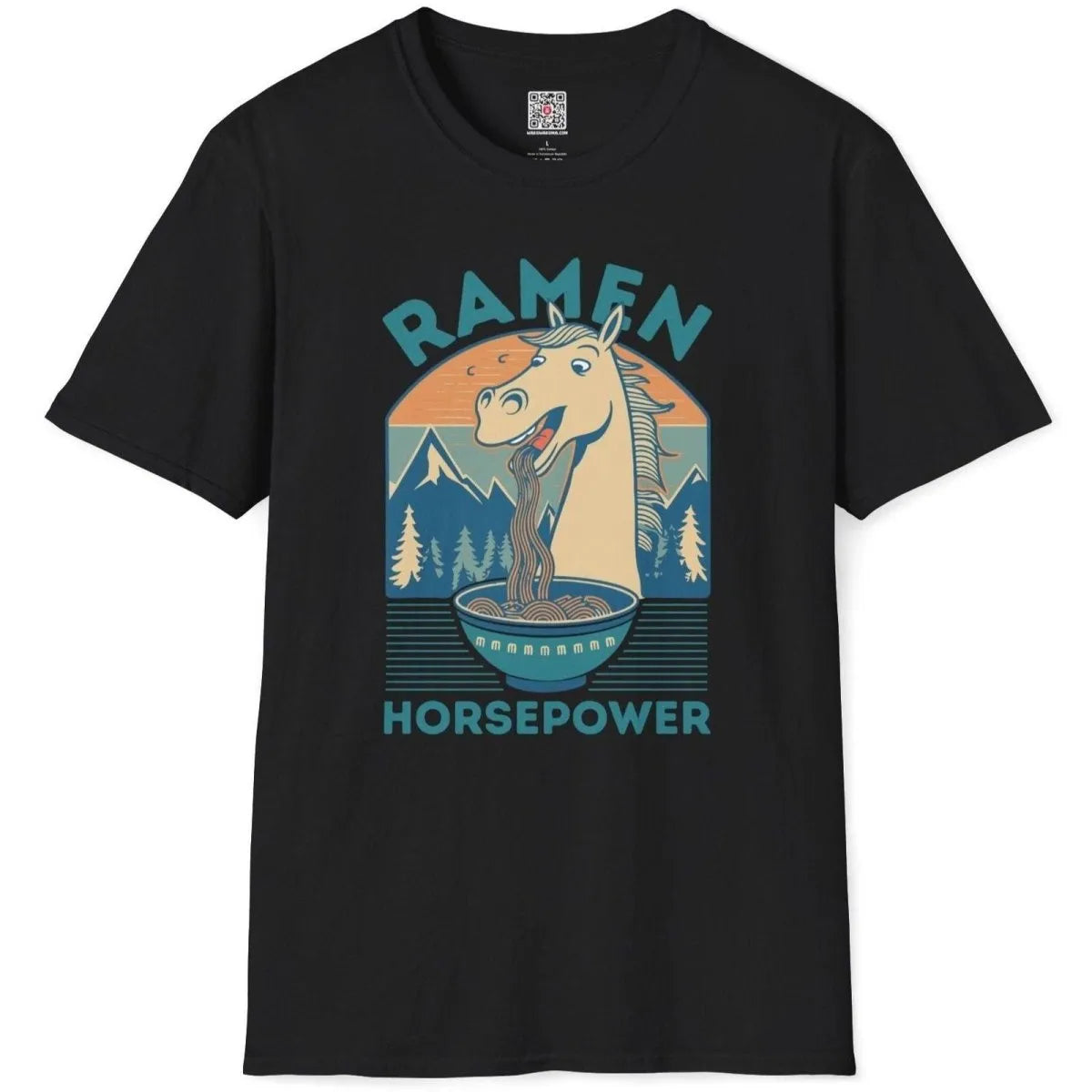 Black t-shirt flatlay with horse enjoying ramen, humorous quote, ramen joy, japanese t-shirts.