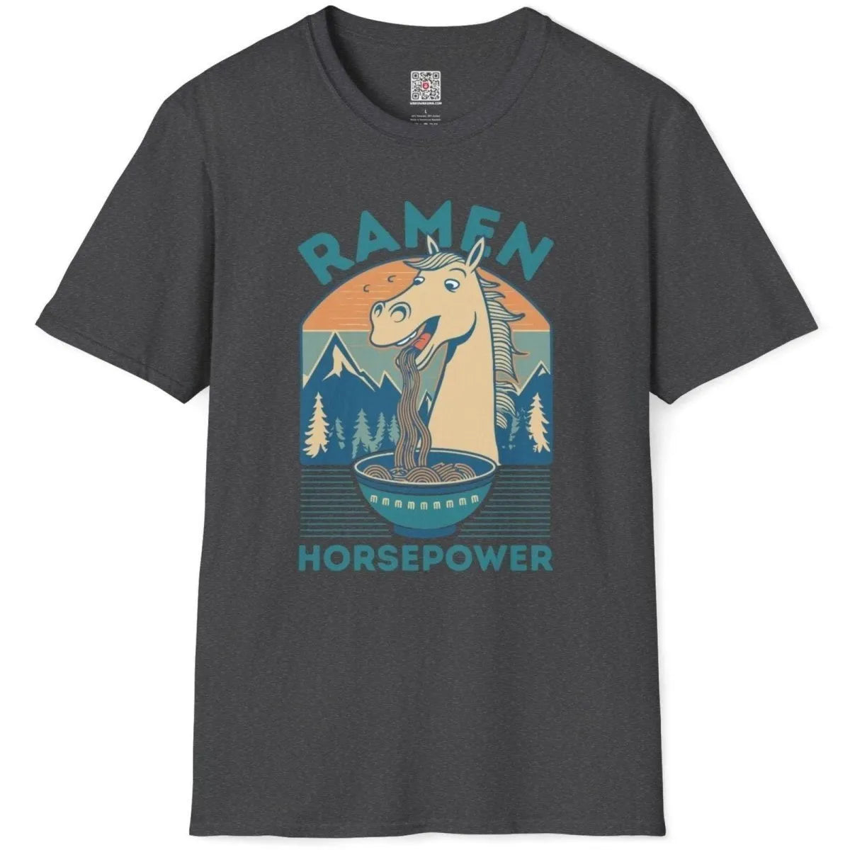 Dark heather shirt flatlay with happy horse eating ramen, funny shirts with sayings, cozy food.