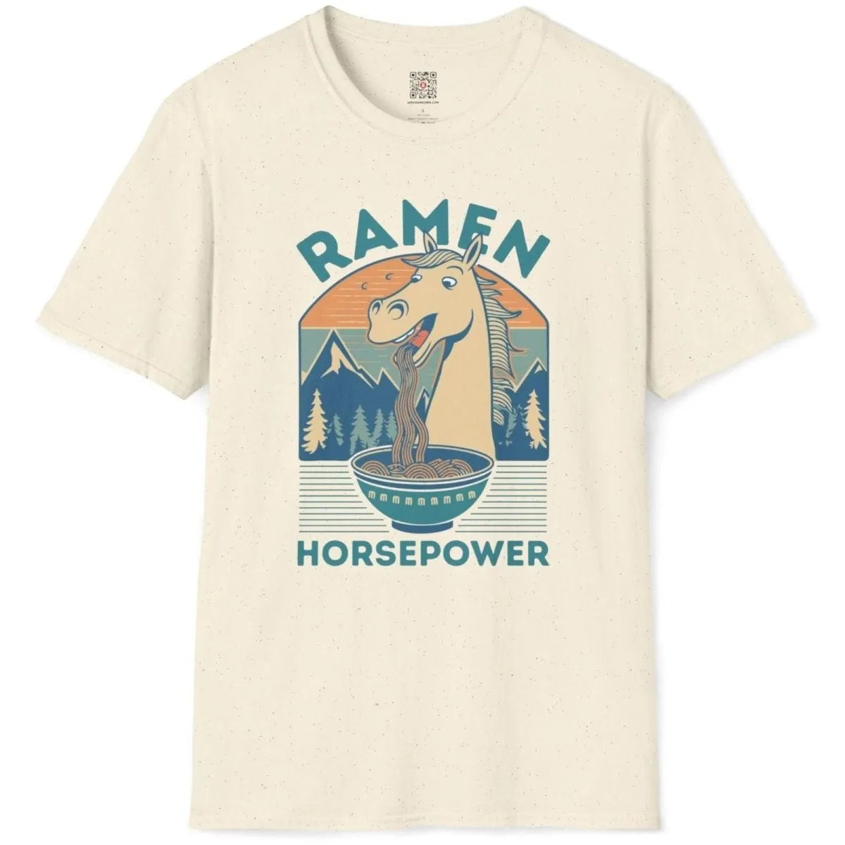 Natural shirt flatlay with horse eating ramen, ramen joy, quirky shirt, motivational quote.