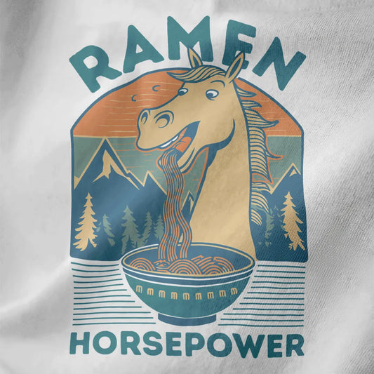 Cheerful horse eating ramen under mountains on white shirt, playful ramen t-shirt with humorous quote.