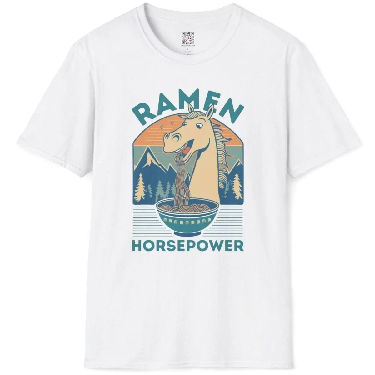 White t-shirt flatlay with horse and ramen bowl, ramen t-shirt, quirky shirt, positive messaging.