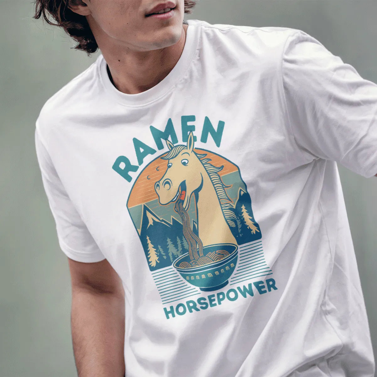 Male model in white t-shirt with horse slurping ramen, funny shirts with sayings, cozy food design.