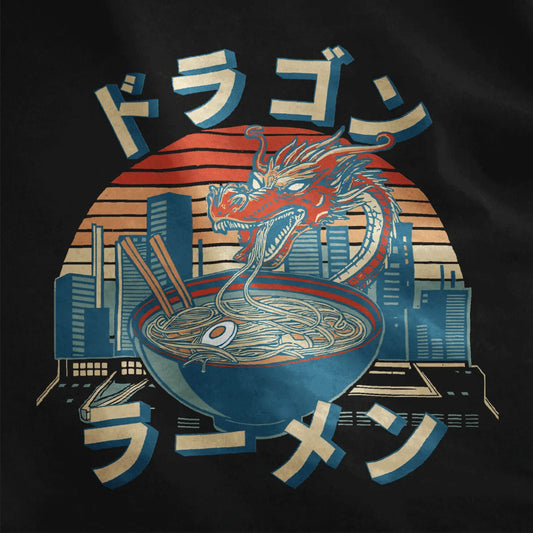 Fiery dragon and ramen bowl with cityscape on black shirt, japanese t-shirts, dragon art.