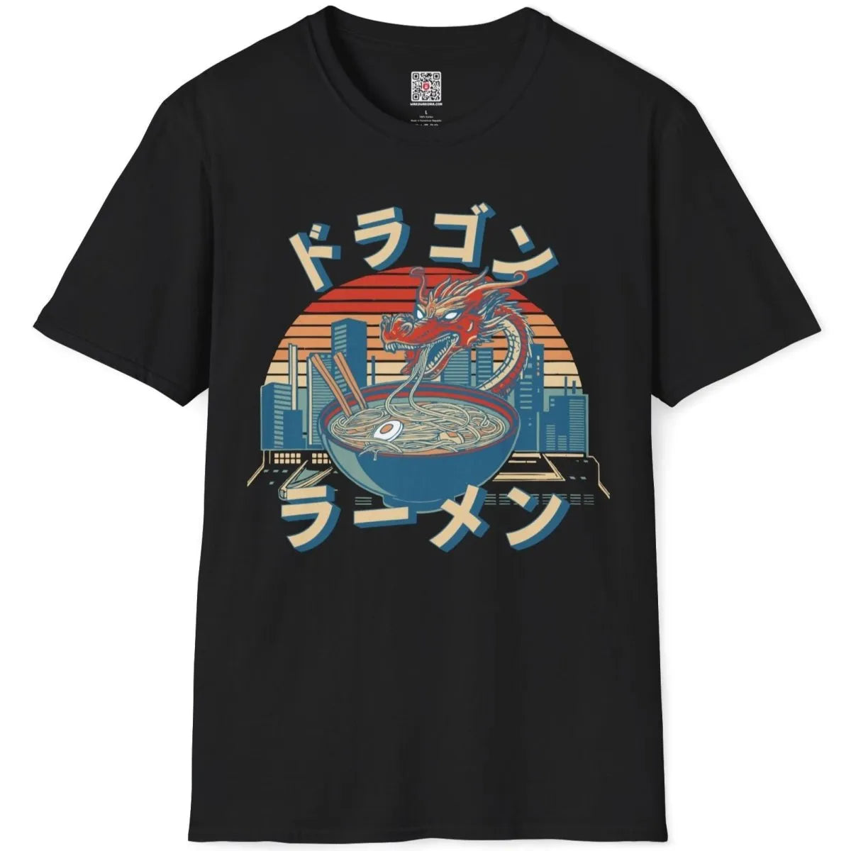 Black t-shirt flatlay with dragon and ramen bowl, japanese dragon art, dynamic composition.