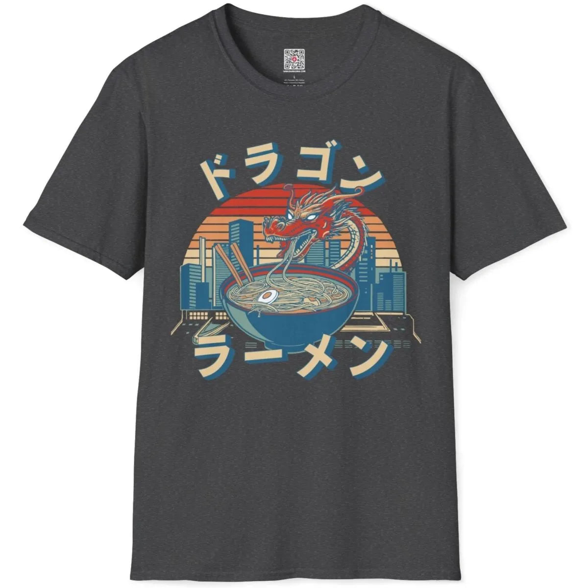 Dark heather shirt flatlay with dragon, ramen bowl, and city skyline, traditional japanese art.