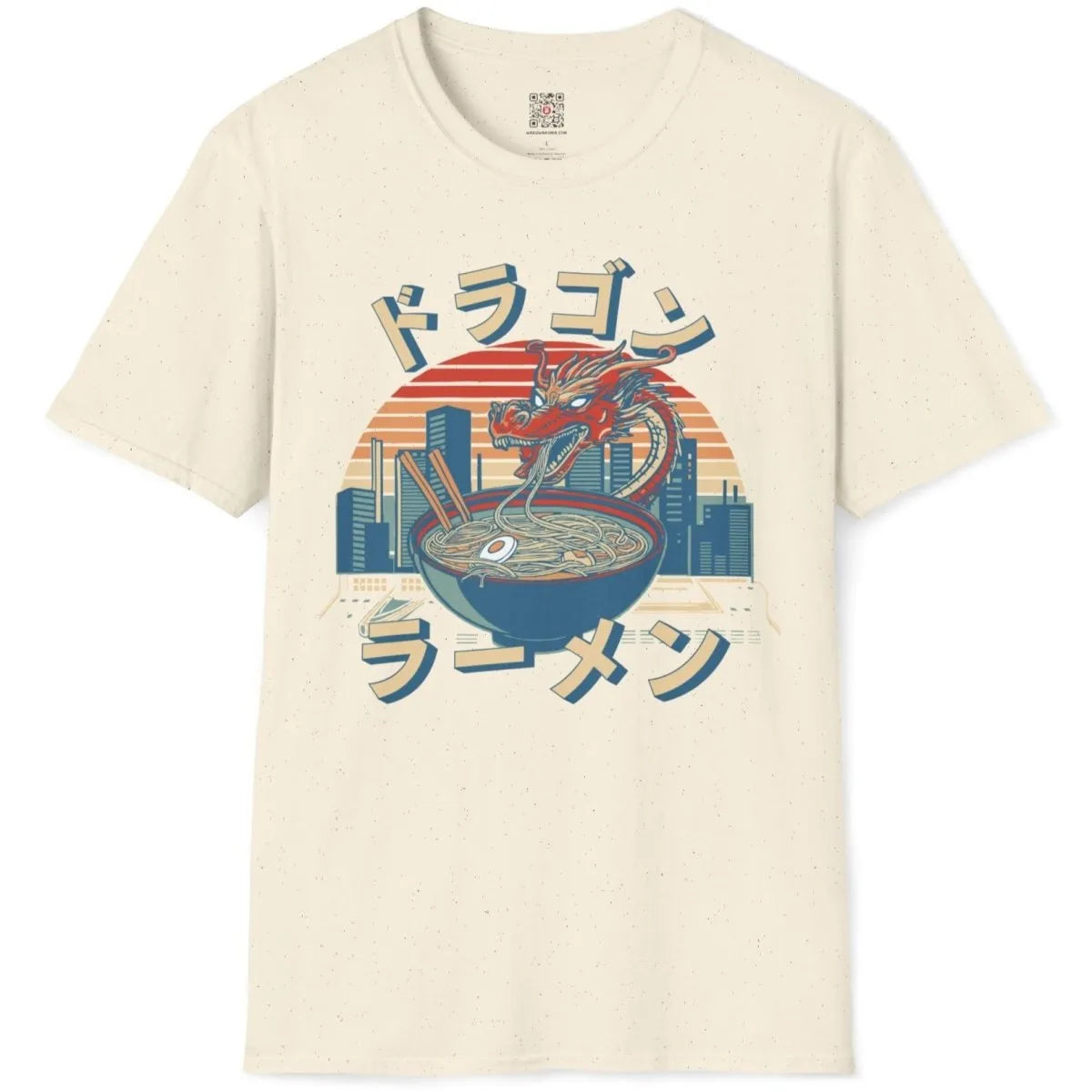 Natural shirt flatlay with dragon and ramen, modern fusion, japanese t-shirts, dragon art.