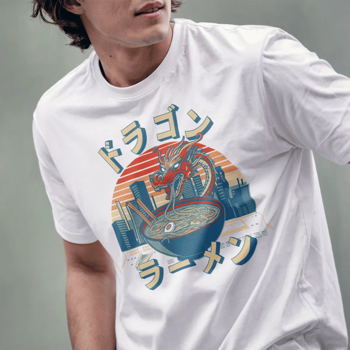 Male model in white t-shirt with dragon and ramen, vibrant style, ramen t-shirt, japanese inspired clothes.