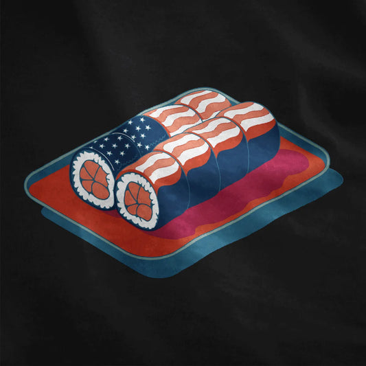 Sushi rolls with stars and stripes on black shirt, sushi shirt, cultural fusion, pop art shirt.