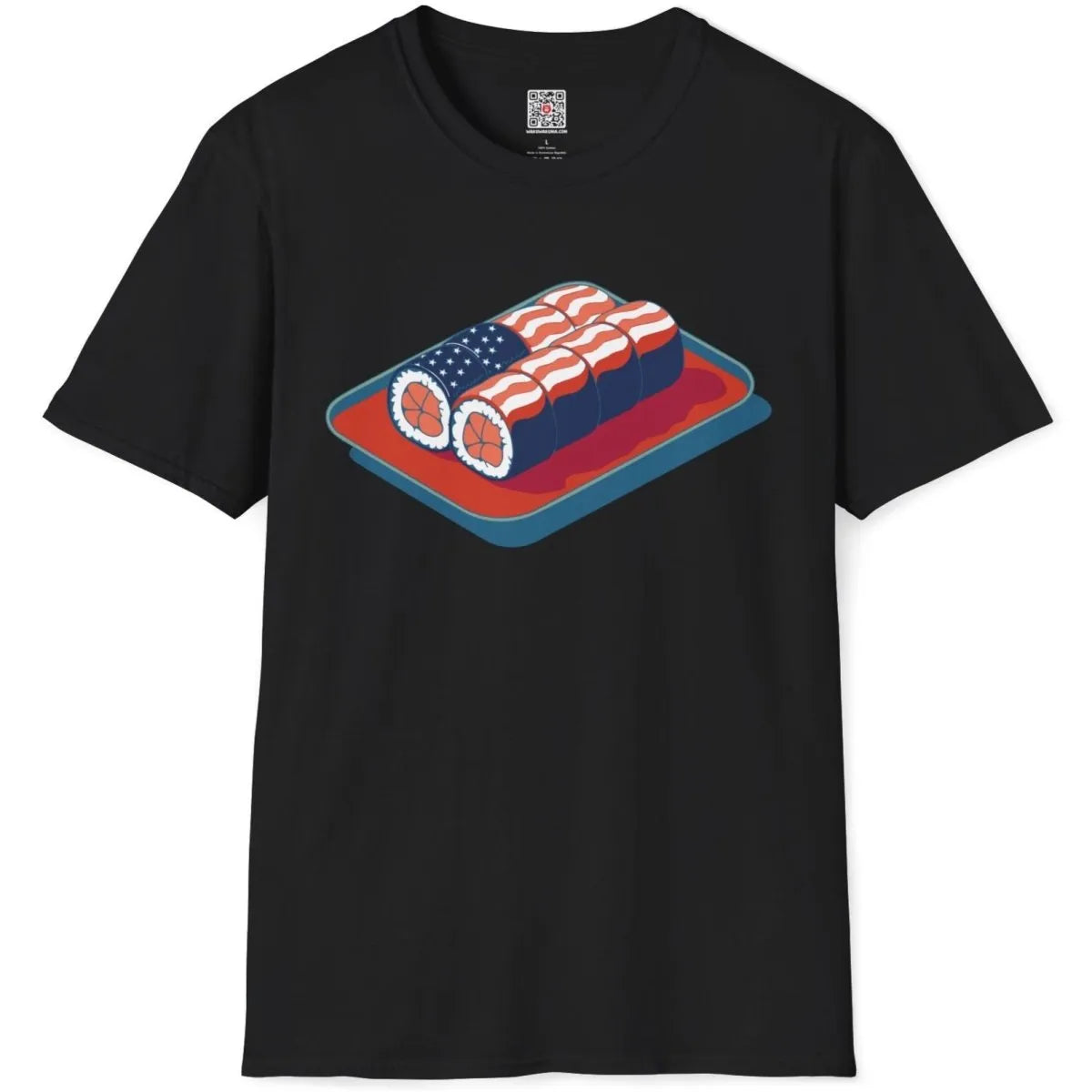 Black t-shirt flatlay with sushi rolls in flag pattern, fusion cuisine, modern fusion, sushi art.