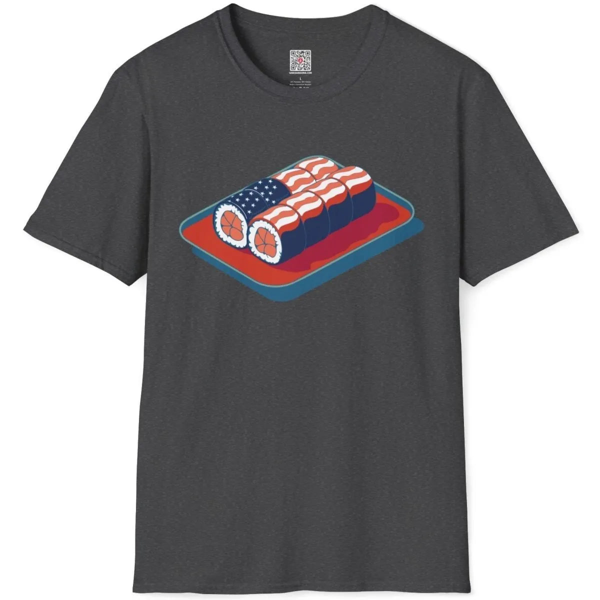 Dark heather shirt flatlay with sushi rolls as American flag, cultural symbols, fusion cuisine.
