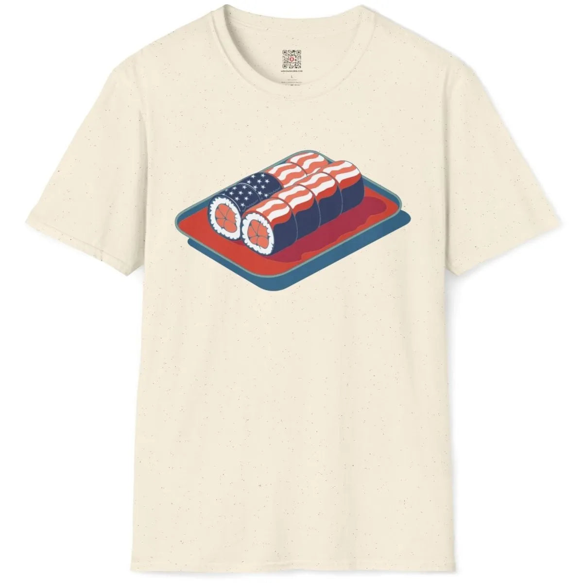 Natural shirt flatlay with sushi flag design, sushi t-shirt, pop art shirt, sushi art.