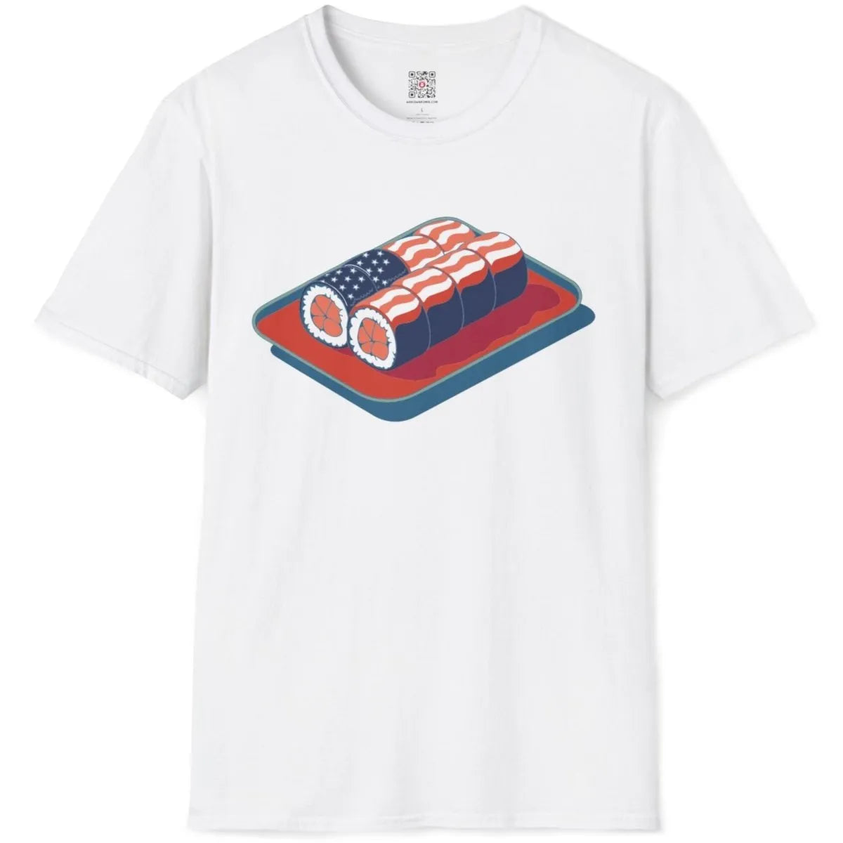 White t-shirt flatlay with patriotic sushi rolls, sushi t-shirt, cool shirt designs for guys.