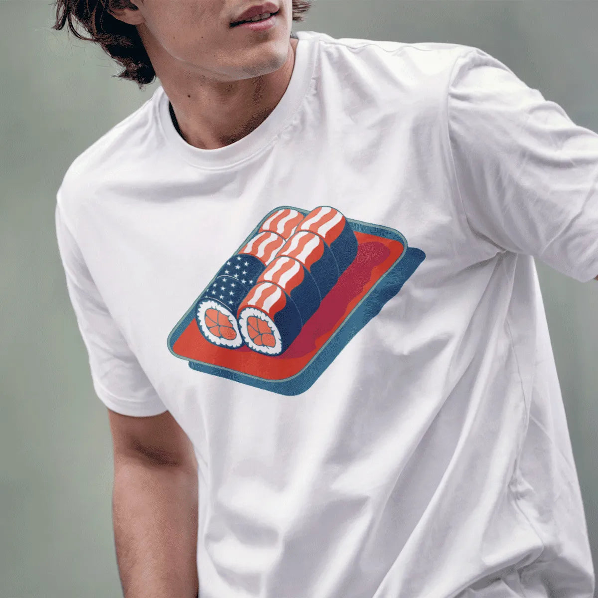 Male model in white t-shirt with sushi rolls styled as US flag, sushi culture, graphic design t shirt.