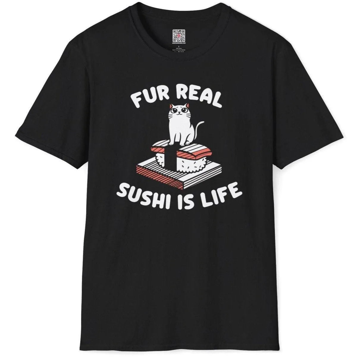 Flatlay of black t-shirt with playful cat sushi design and bold foodie anthropomorphism slogan.