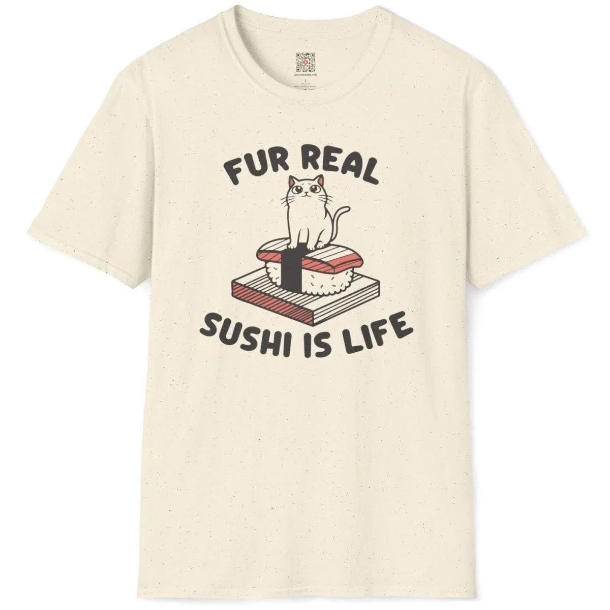 Natural t-shirt flatlay of cat on nigiri sushi with crisp, hand-drawn text. sushi t-shirt, feline charm, cultural crossover