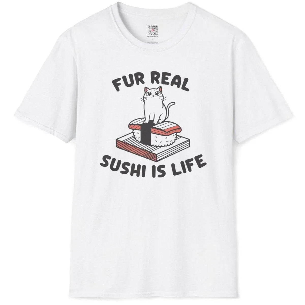Flatlay of white t-shirt with kawaii cat sitting on salmon nigiri, hand-drawn sushi culture typography.