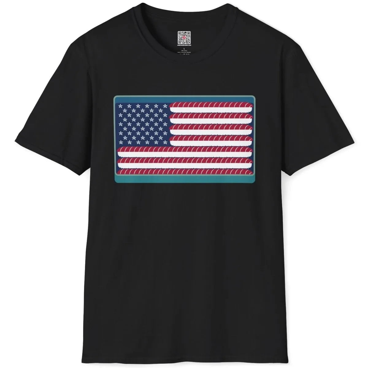 Black t-shirt flatlay with American flag design using sushi rolls and flowers, modern chic, sushi shirt.