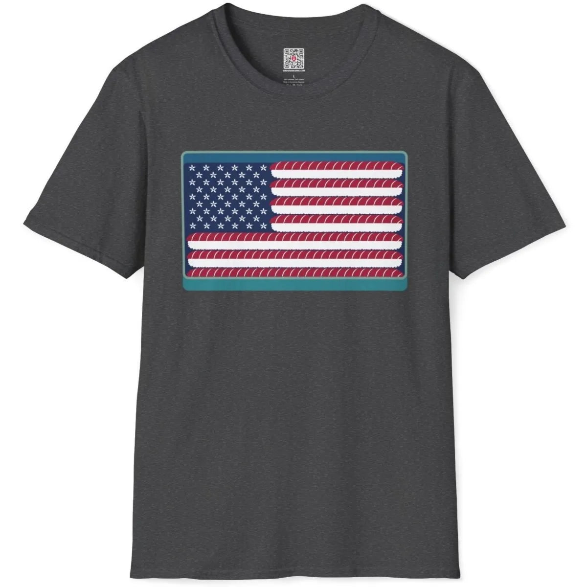 Dark heather shirt flatlay, sushi roll American flag with flowers, fusion cuisine, patriotic t shirt.