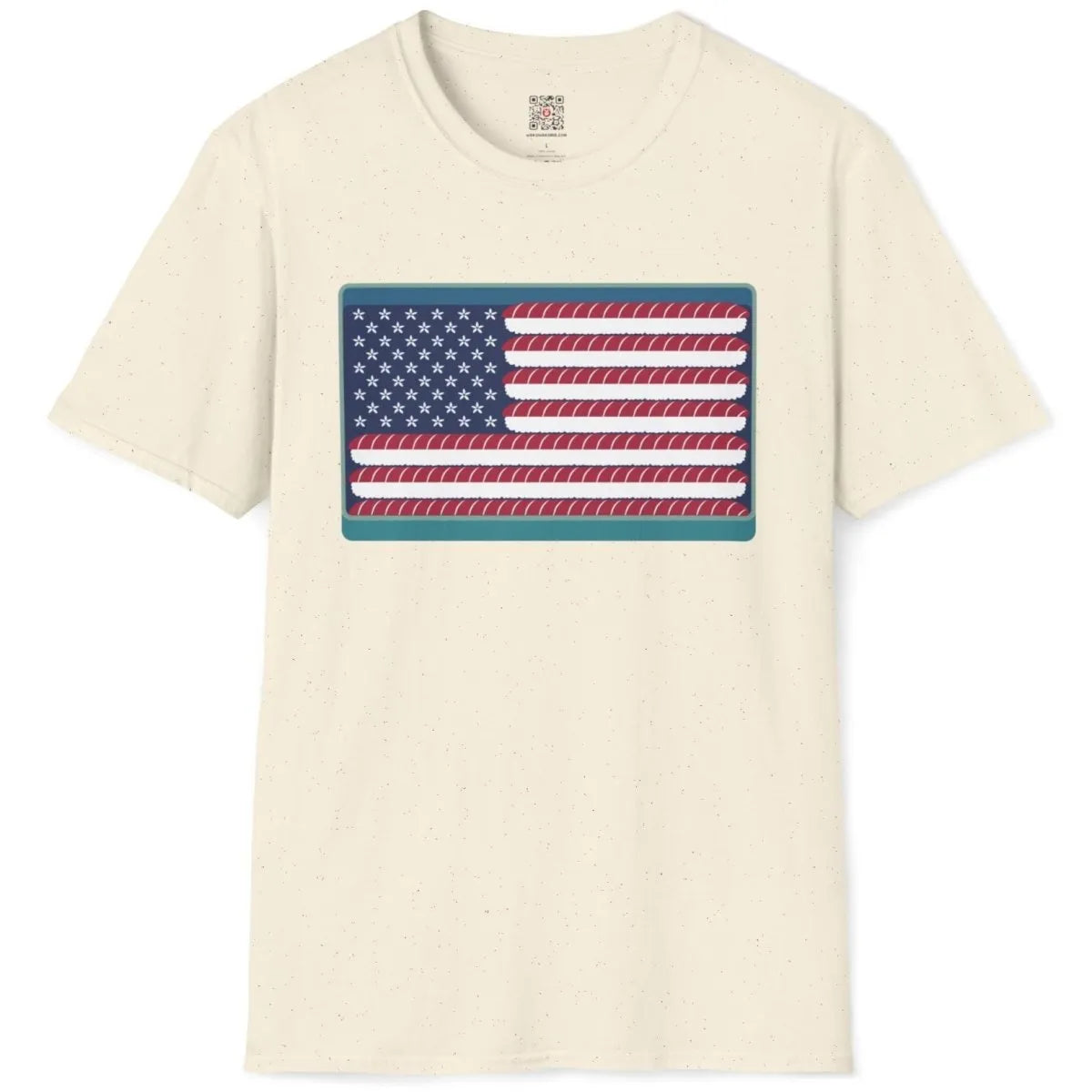 Natural shirt flatlay, American flag made of sushi and flowers, sushi art, japanese t-shirts.