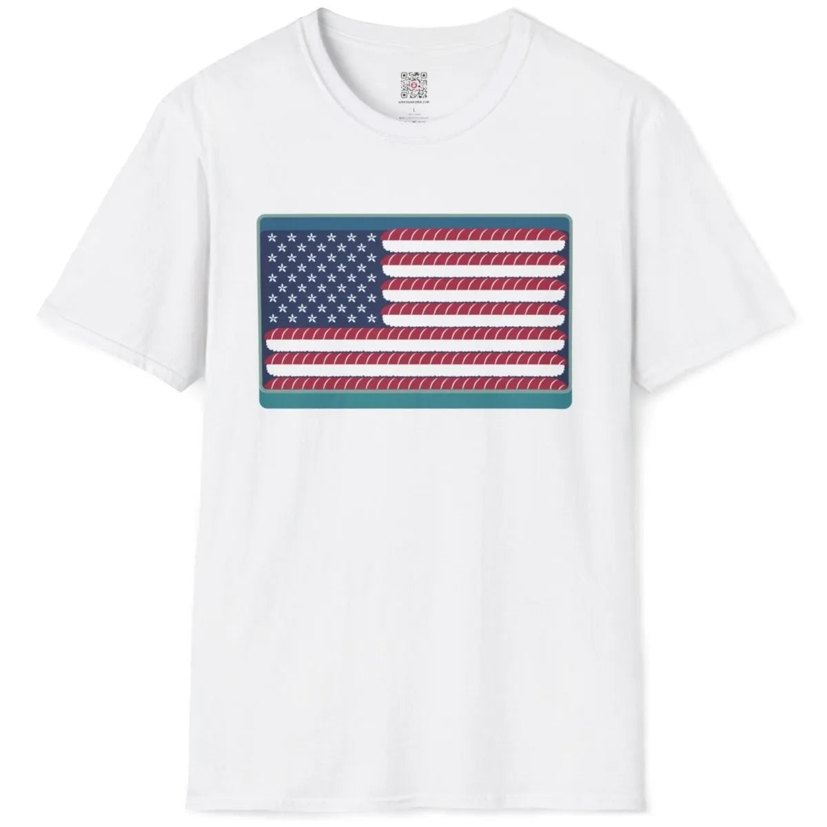 White t-shirt flatlay with sushi roll American flag and white flowers, cultural blend, sushi t-shirt.