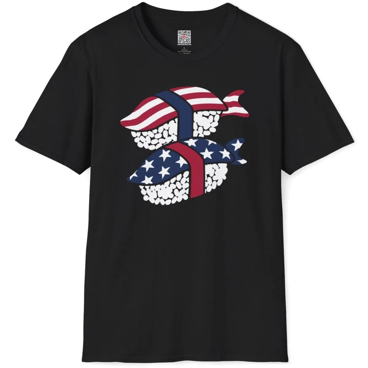 Black t-shirt flatlay, sushi rolls topped with flag elements, cultural identity, sushi shirt.