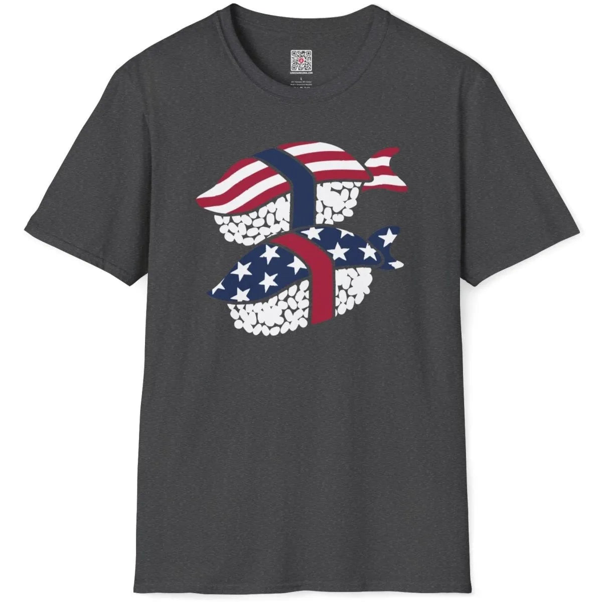 Dark heather shirt flatlay, sushi rolls with flag details, fusion cuisine, graphic design t shirt.