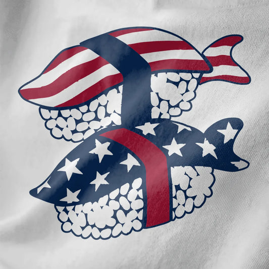 Two sushi rolls with American flag details on white shirt, fusion cuisine, sushi t-shirt.