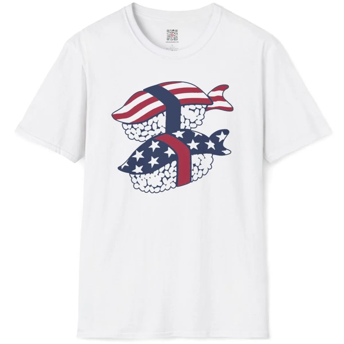 White t-shirt flatlay, sushi rolls with flag motifs, sushi art, bold typography.