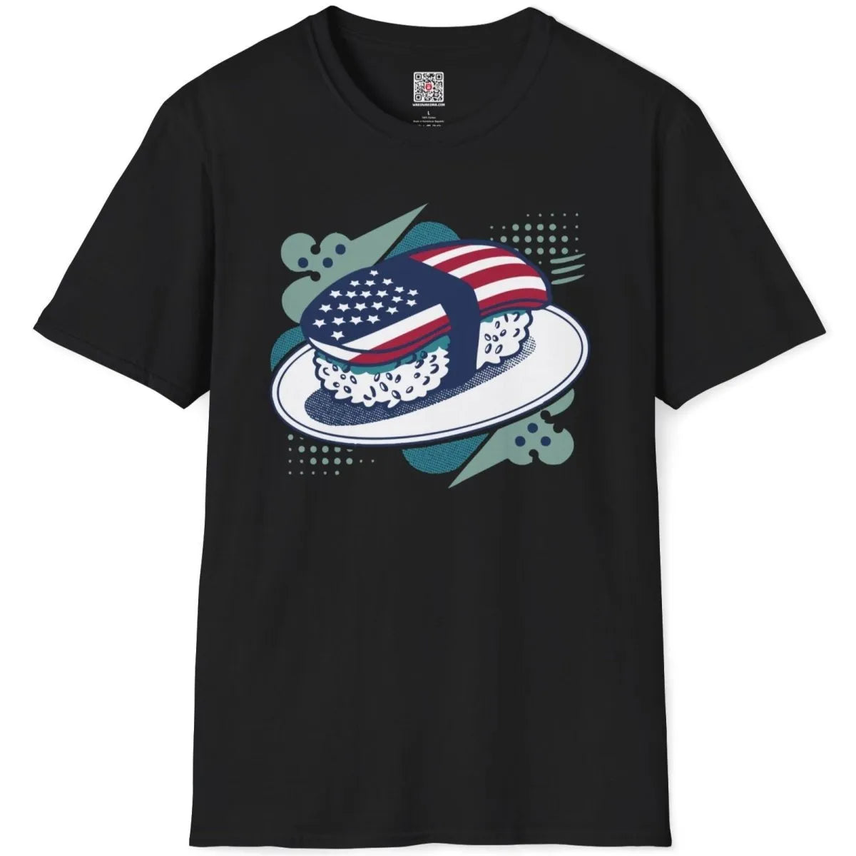 Black t-shirt flatlay, sushi roll with flag and abstract patterns, pop art shirt, sushi t-shirt.