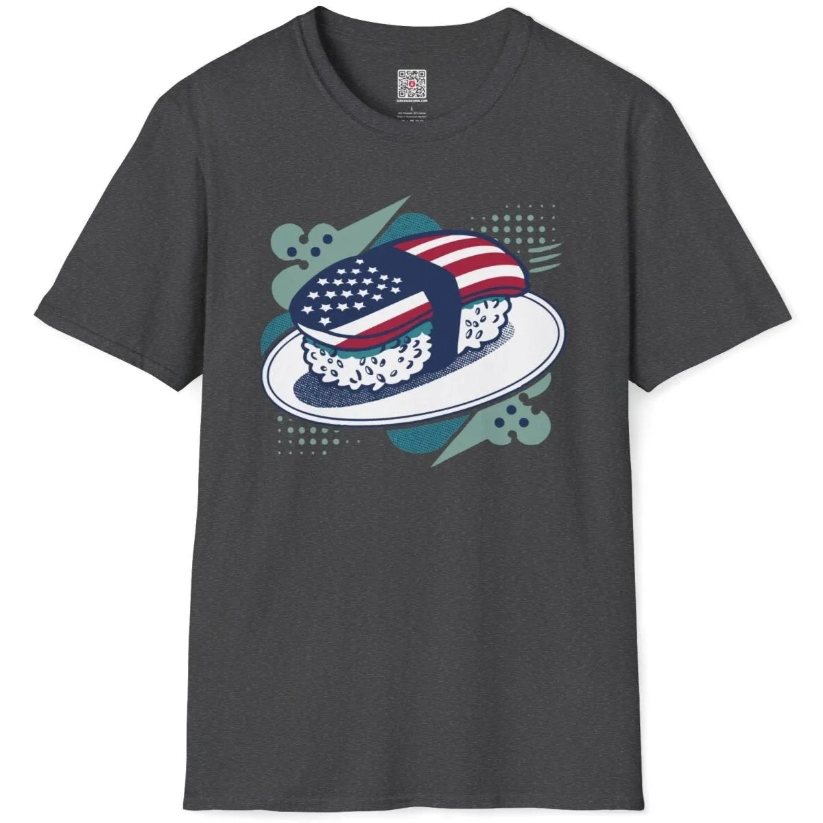 Dark heather shirt flatlay, sushi roll with flag and abstract shapes, modern fusion, art t shirts.