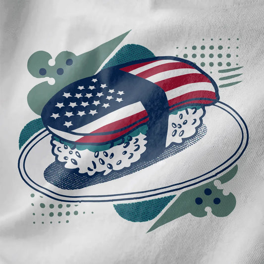 Sushi roll with American flag details and abstract background on white shirt, fusion cuisine, sushi t-shirt.