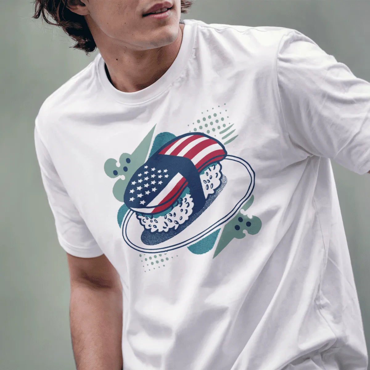 Male model in white shirt with sushi roll and flag motif, cultural blend, japanese t-shirts.