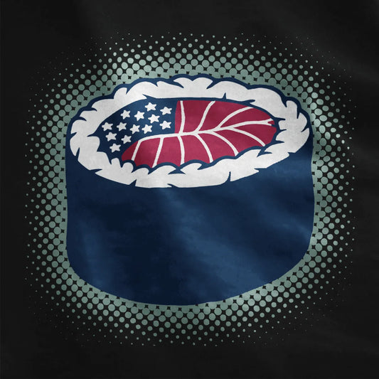 Close-up of sushi roll with American flag top on black shirt; sushi shirt, fusion cuisine, graphic design t shirt.