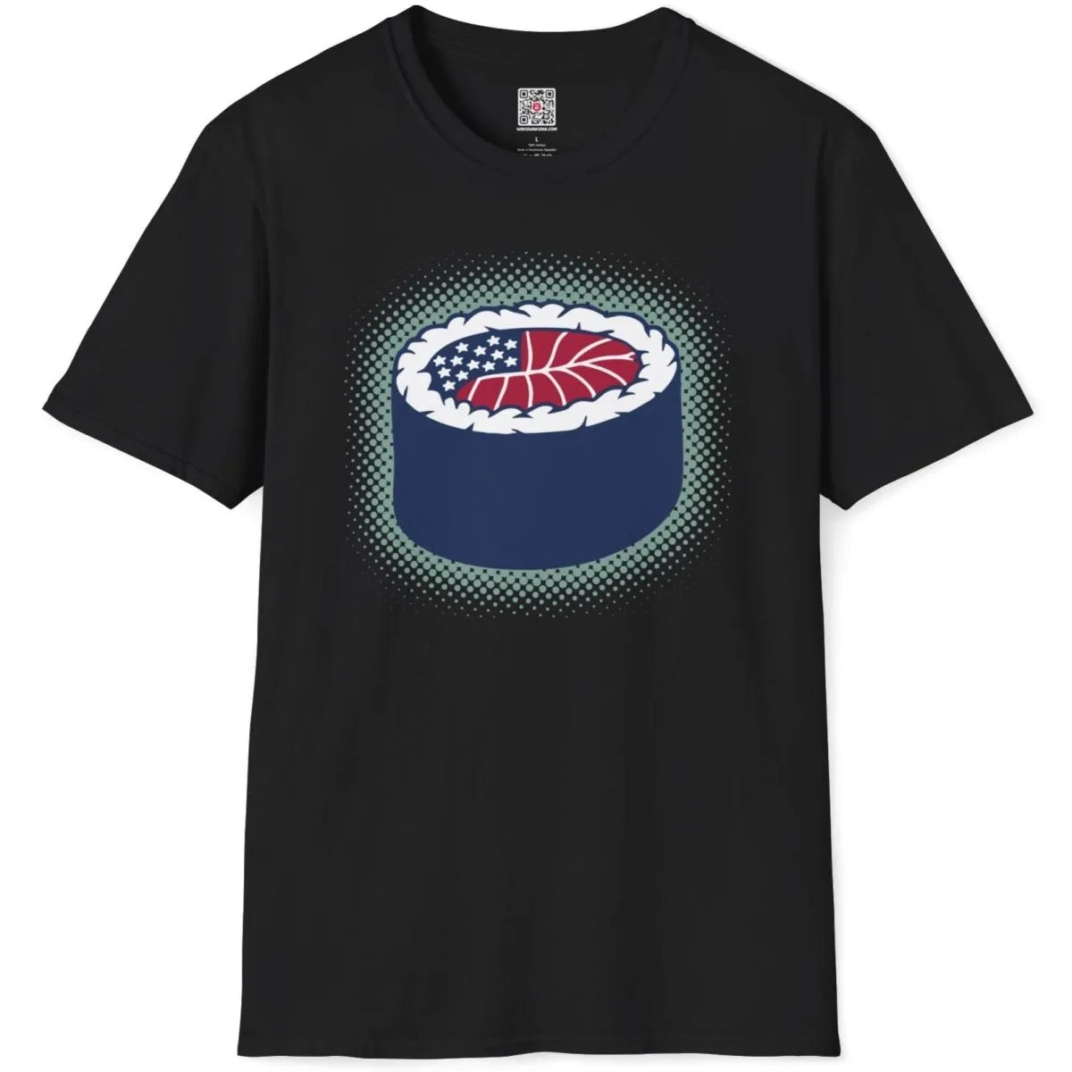 Black t-shirt flatlay with sushi roll and American flag design; sushi shirt, pop art shirt, fusion cuisine.