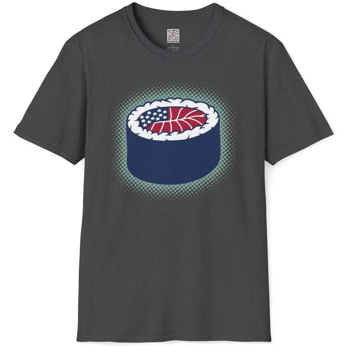Dark heather t-shirt flatlay with sushi roll and flag design; sushi t-shirt, bold typography, modern fusion.